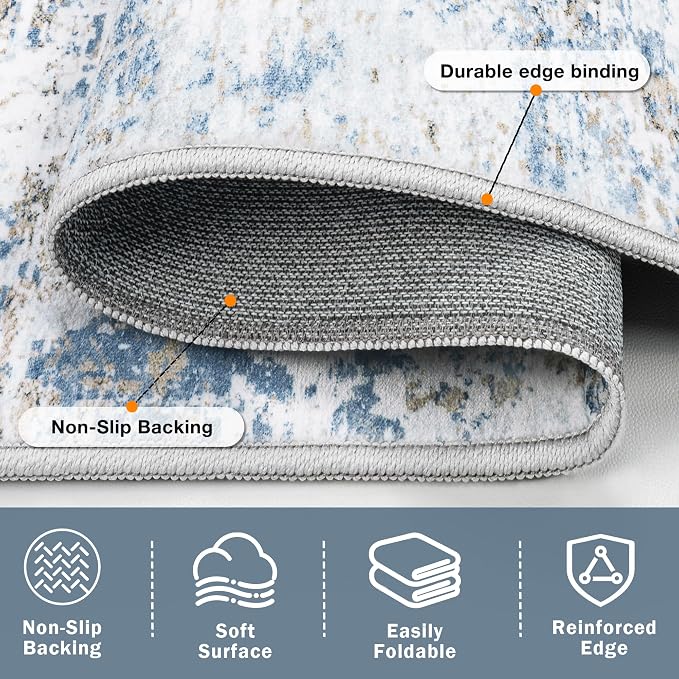 Area Rug 10x14 Living Room Rug Washable: No-Slip Abstract Soft Thin Large Blue - Image 6
