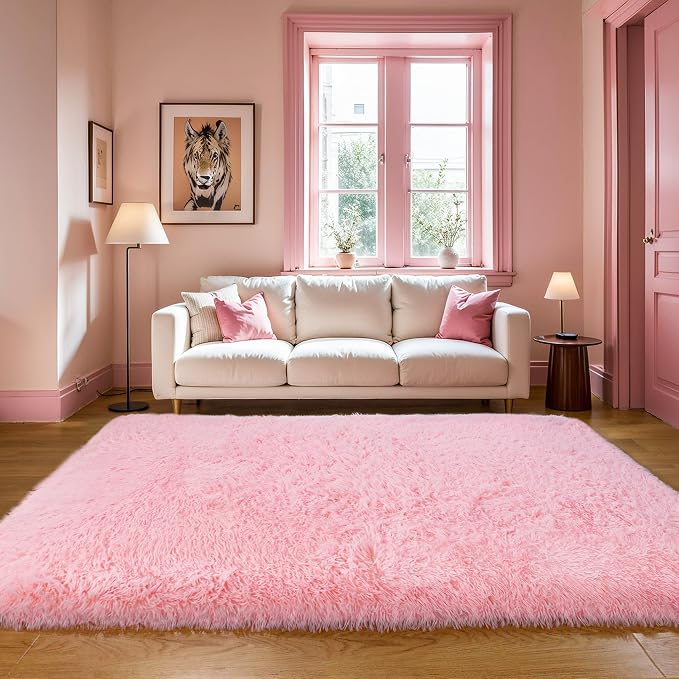KICHOWUA Thick Area Rug 5x8 Pink Fluffy Fuzzy by KICHOWUA