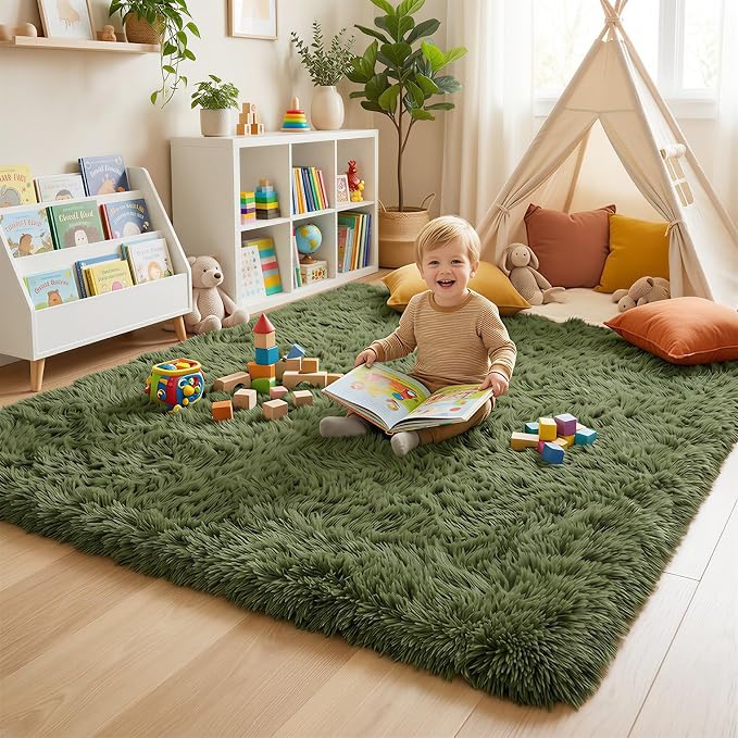 Amdrebio Olive Green Rugs for Bedroom Living Room, Fluffy Shaggy Modern Area - Image 5