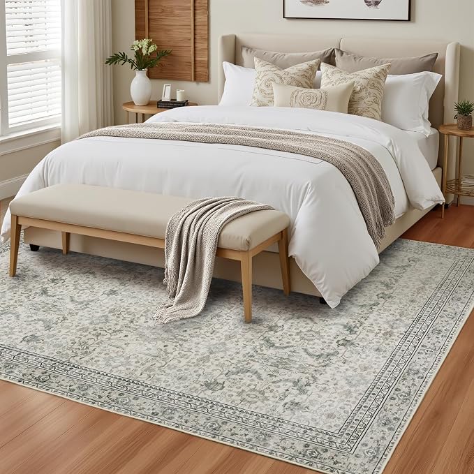Washable Area Rugs 6x9 Floral Beige, Large Indoor Rug - Image 3