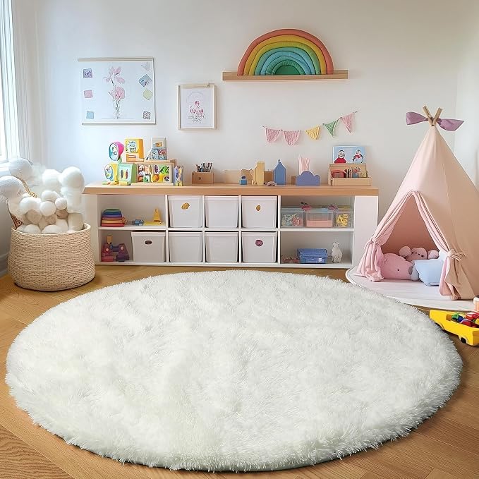 ONASAR Cream White Round Area Rug 4ft, Fluffy Ultra Soft Bedroom Circle Rugs - Image 5