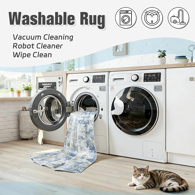 Area Rug 10x14 Living Room Rug Washable: No-Slip Abstract Soft Thin Large Blue - Image 2