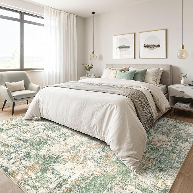6x8 Area Rug Living Room: Washable Large Abstract Soft Green Rug Stain - Image 4