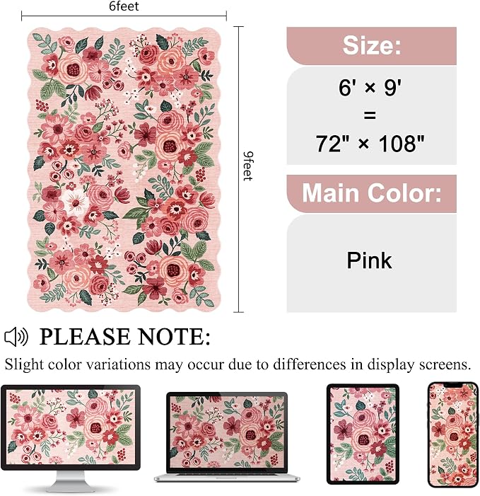 DUKINO 6x9 Area Rug, Floral Washable Rugs - Image 2