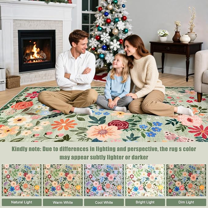 Round Area Rug for Living Room: 8 ft Floral Washable Circle Rug Soft Boho - Image 9