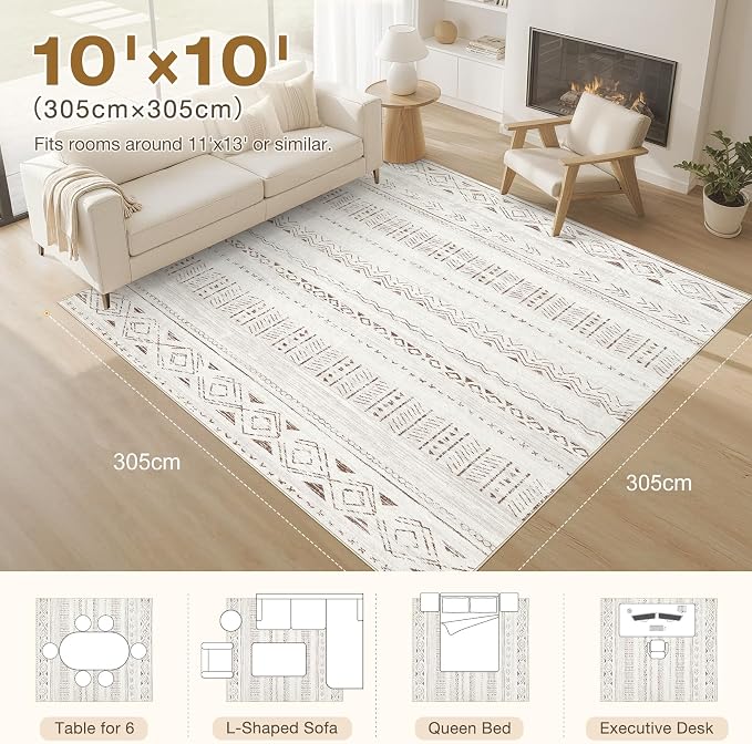 cotiled 10x10 Area Rugs Living Room Rug: Washable Boho Rugs - Image 8