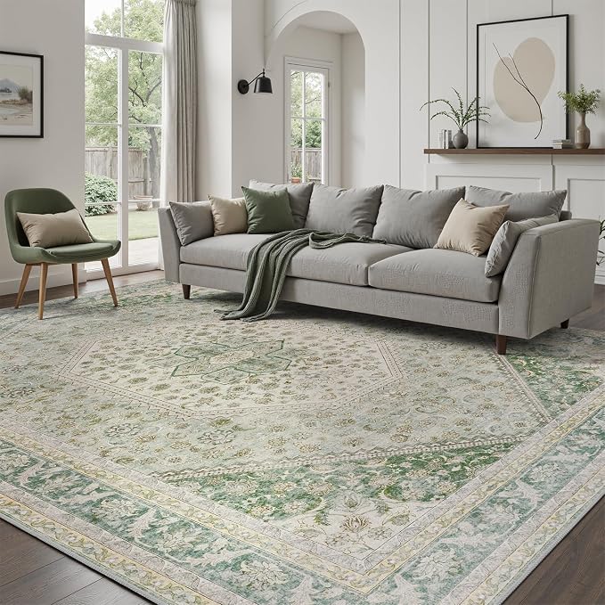 DCX Green 5x7 Area Rug, Machine Washable Non Slip Stain Resistant Vintage Rug - Image 2