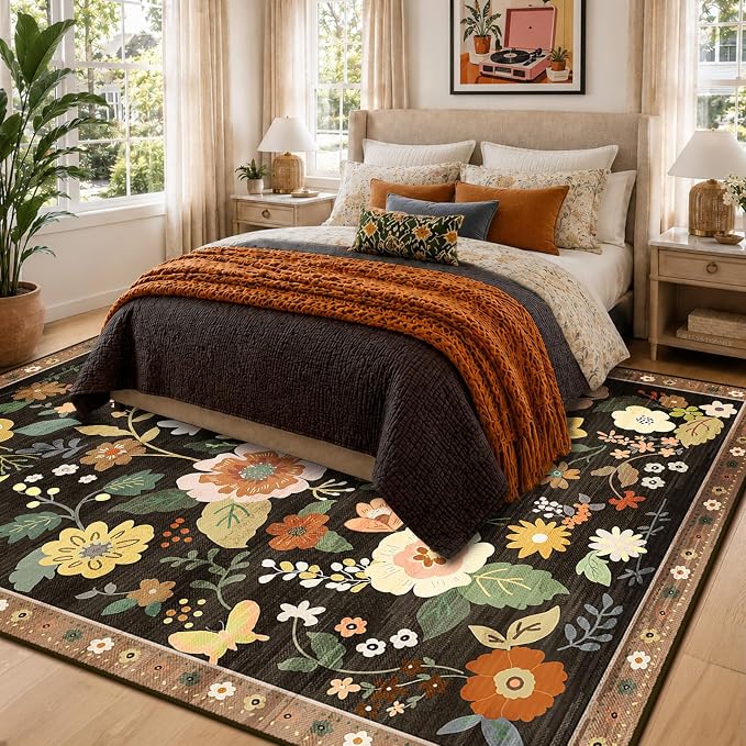 RELEANY Floral 9x12 Area Rugs Washable Print Boho Cute Carpet Non Slip Flower - Image 2