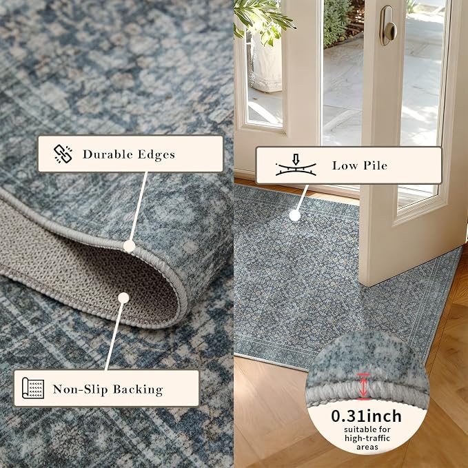 Latte&Fog 3x5 Entryway Rug, Vintage Blue Washable Area Rug, Boho Non Slip Low - Image 5
