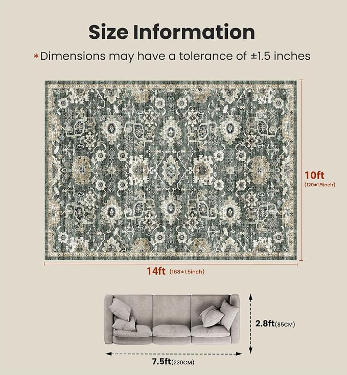 AMADA HOMEFURNISHING 10x14 Washable Area Rug, Low-Profile Large Area Rug - Image 2