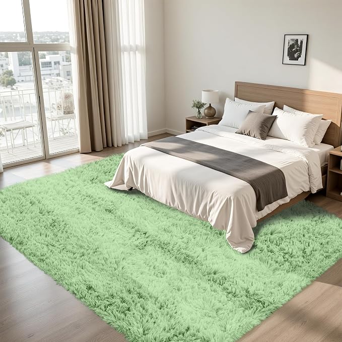 8x10 Area Rug for Living Room:Ultra Soft Fluffy Shag Light Green Rugs, Large - Image 3