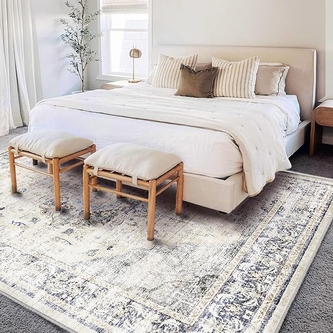 CHAMPLANT Washable Area Rug 9'x12' Floral Blue Boho Design Non-Shedding Easy - Image 2