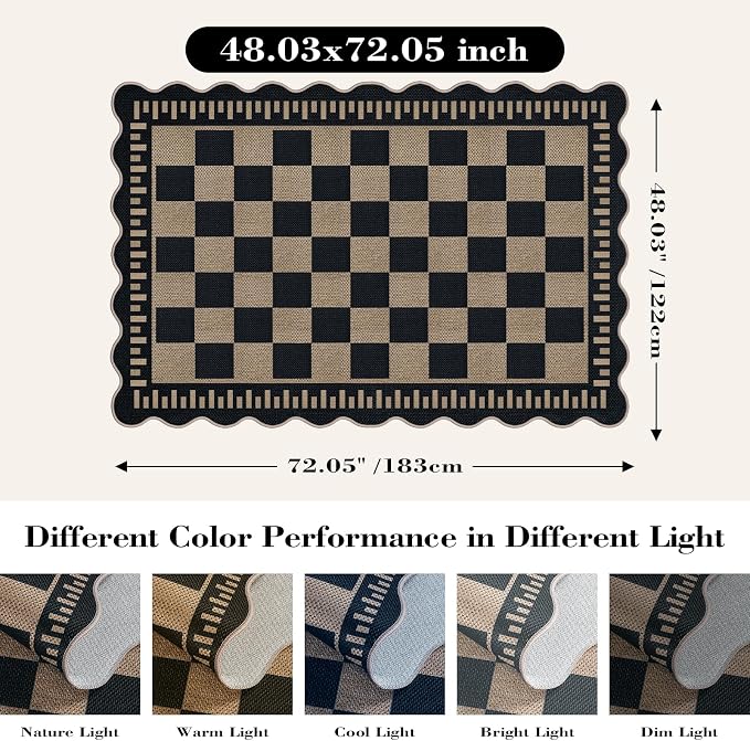 Checkered Easy Jute 4x6 Outdoor Patio Rug, Washable Indoor Outdoor Black - Image 2