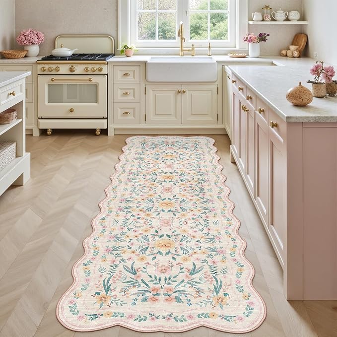 Hallway Runner Scalloped Floral Rug 2.6x8 Washable Non Slip Pink | Soft - Image 3