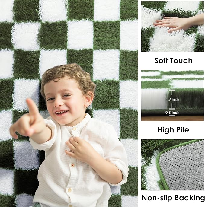 KICMOR Area Rugs for Bedroom Living Room, 4x6 Soft Fluffy Olive Green and White - Image 2