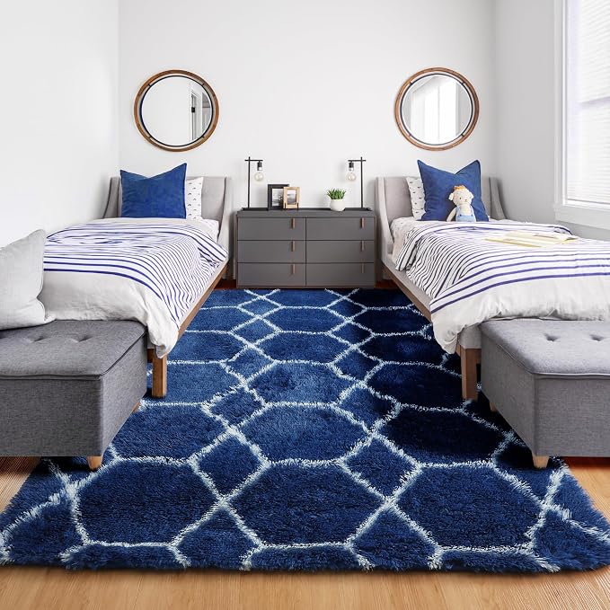 ONASAR Area Rugs for Bedroom Living Room, 4x6 Fluffy Navy Blue and White Throw - Image 7