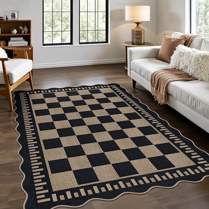 Checkered Easy Jute 4x6 Outdoor Patio Rug, Washable Indoor Outdoor Black by LORWER