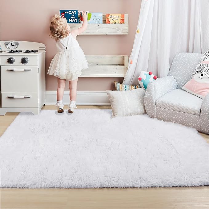 Amdrebio White Area Rugs for Bedroom, Shag Fluffy Rug for Living Room, Modern - Image 5