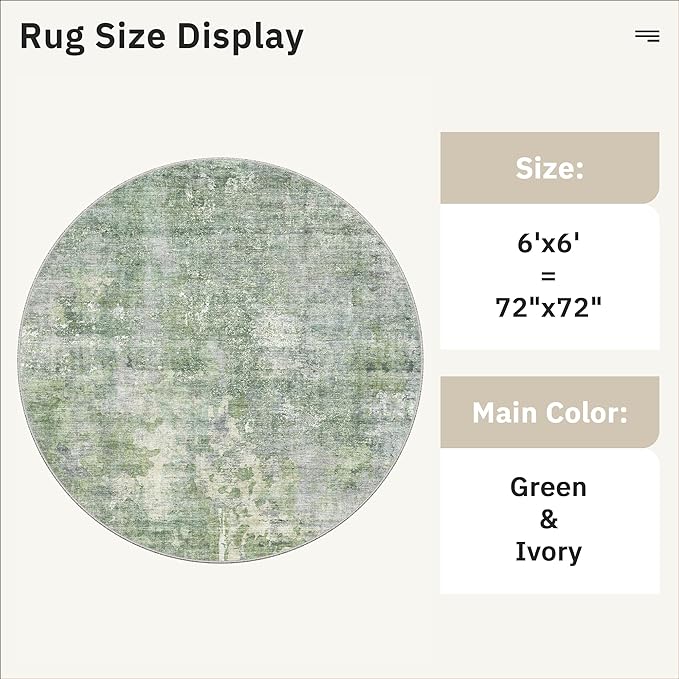 Soalmost 6x6 Green/Ivory Round Rug 6ft Living Room Circle Rug Vintage Round - Image 5