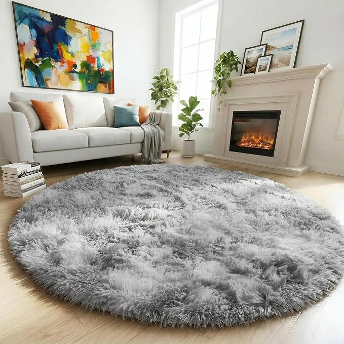 Amdrebio Tie-Dyed Light Grey Round Area Rug 4Ft by Amdrebio