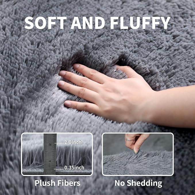 KICHOWUA Area Rug 5x7 Grey Fluffy Shag - Image 3