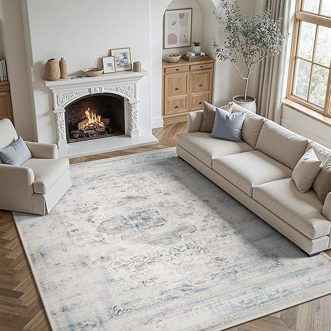 DCX 8x10 Haze Blue Rug, Machine Washable Stain Resistant Distressed Vintage Rug by DCXWashableRug