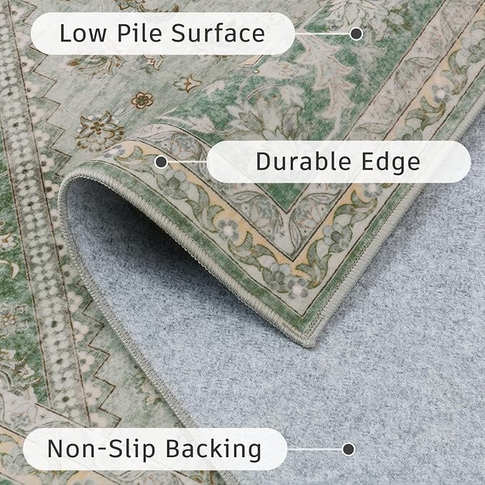 DCX Green 5x7 Area Rug, Machine Washable Non Slip Stain Resistant Vintage Rug - Image 5
