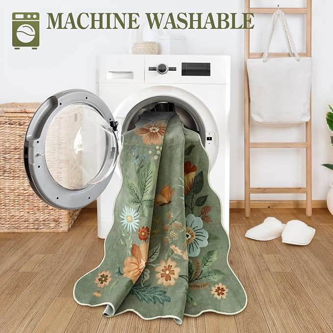 Lahome Floral Washable Rugs 8x10, Non-Slip Soft Green Rug Stain Resistant - Image 4