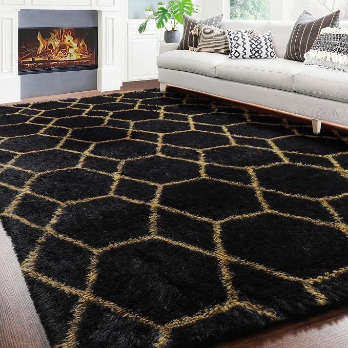 ONASAR 6x9 Area Rugs for Living Room Bedroom, Large Fluffy Black and Gold Throw - Image 5