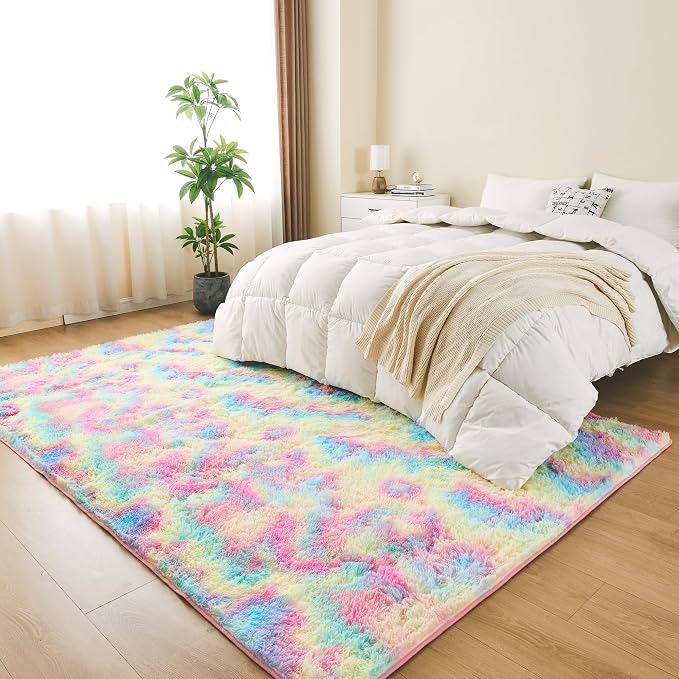 Litanika 4x6 Shag Area Rug for Living Room Bedroom, Tie-Dyed Rainbow High Pile - Image 3