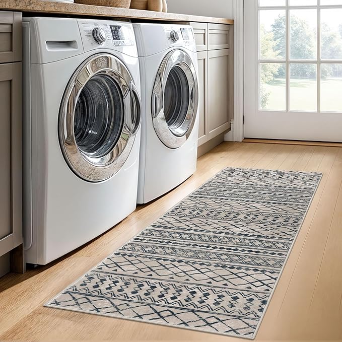 KUTA Boho Kitchen Rug 2x5 Light Brown Black Moroccan Washable Runner Rug - Image 3