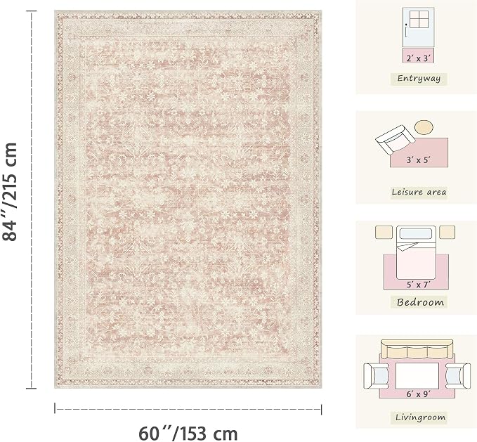 Latte&Fog Washable 5x7 Pink Rugs - Image 2