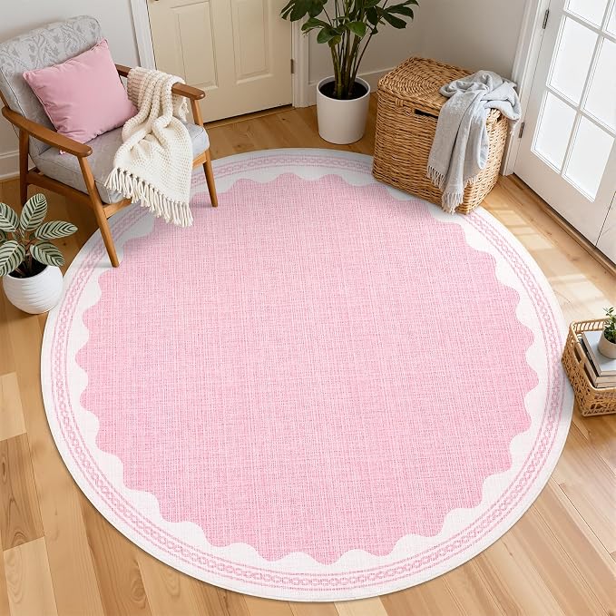 GarveeHome Scalloped Edge Solid Pink 4ft Round Rug Circle Modern Minimalism by GarveeHome