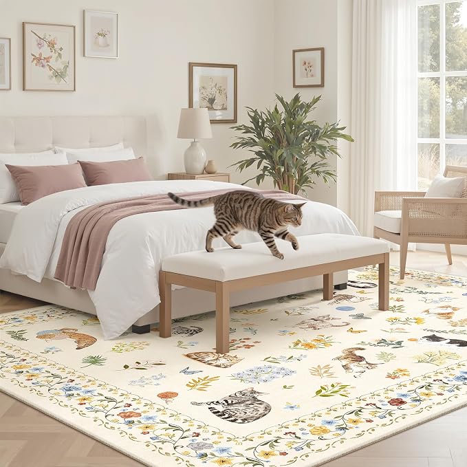 Soalmost Cat 5x7 Area Rugs for Living Room, Machine Washable Animal Floral - Image 3