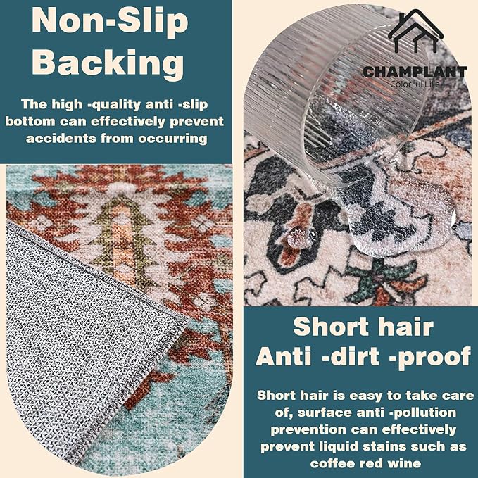 CHAMPLANT 3'x5' Cyan Khaki Vintage Washable Thin Area Rug Traditional Floor - Image 5