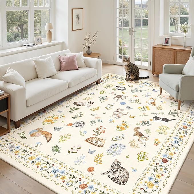 Soalmost Cat 5x7 Area Rugs for Living Room, Machine Washable Animal Floral by Soalmost