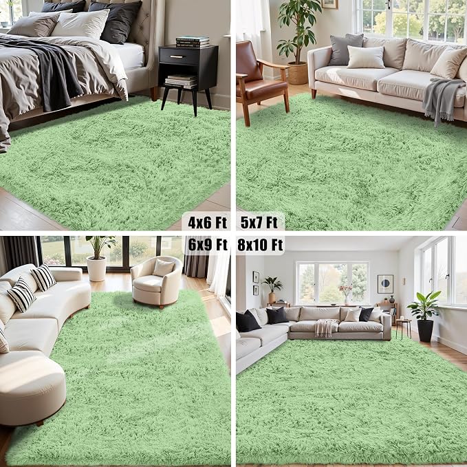 8x10 Area Rug for Living Room:Ultra Soft Fluffy Shag Light Green Rugs, Large - Image 4