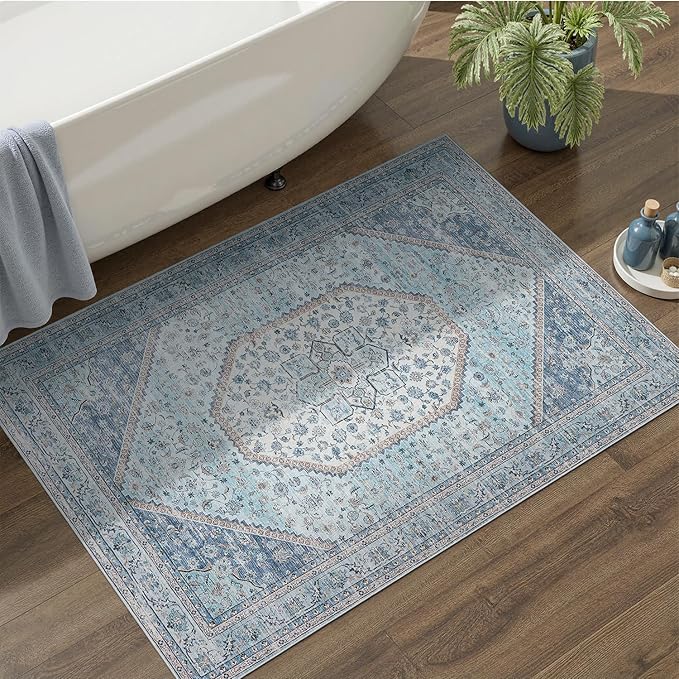 DCX Machine Washable Blue Entryway Rug 2x3, Non Slip Stain Resistant Vintage - Image 2