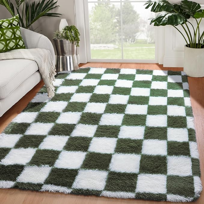 KICMOR Area Rugs for Bedroom Living Room, 4x6 Soft Fluffy Olive Green and White by KICMOR