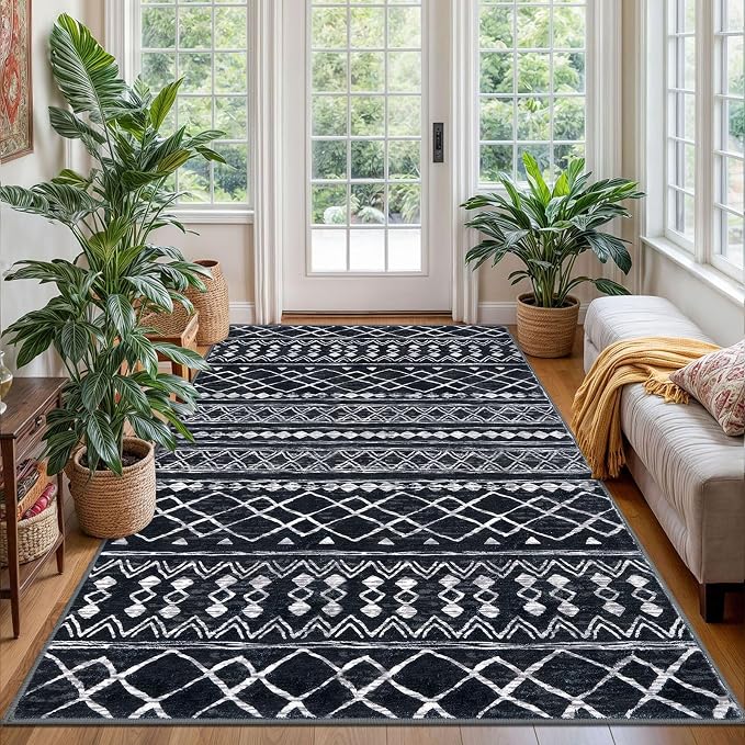 KUTA Bedroom Boho Rug 4x6 Black, Moroccan Washable Area Rugs Non Slip, Ultra by KUTA
