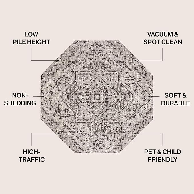 JONATHAN Y Boho Medallion Indoor Outdoor Octagon Area Rug 5 Ft Black/Gray - Image 2