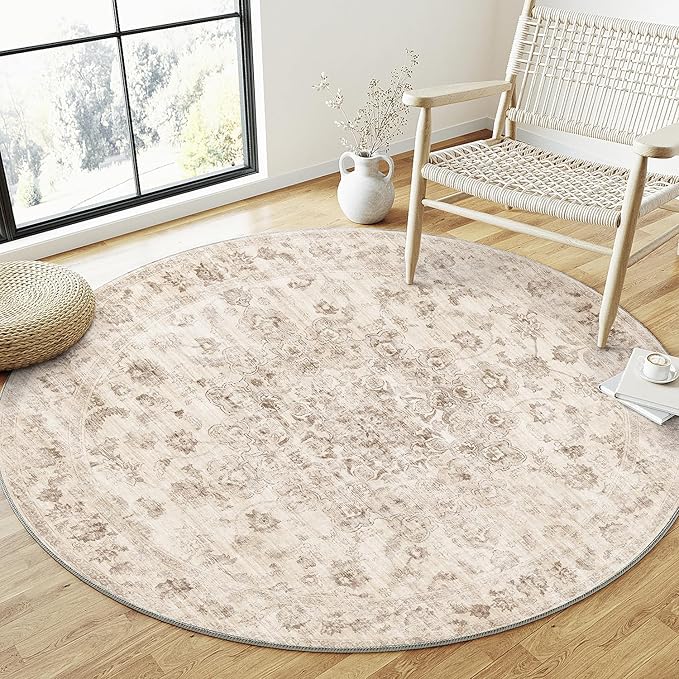4x4 Washable Neutral Round Rug Beige Vintage Entryway Kitchen Cirlce Rug by WondRg