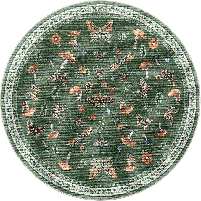 Mushroom Insect 4ft Round Rug Washable Non-Slip Soft Ultra-Thin Small Boho - Image 4