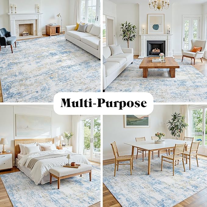 Area Rug 10x14 Living Room Rug Washable: No-Slip Abstract Soft Thin Large Blue - Image 8