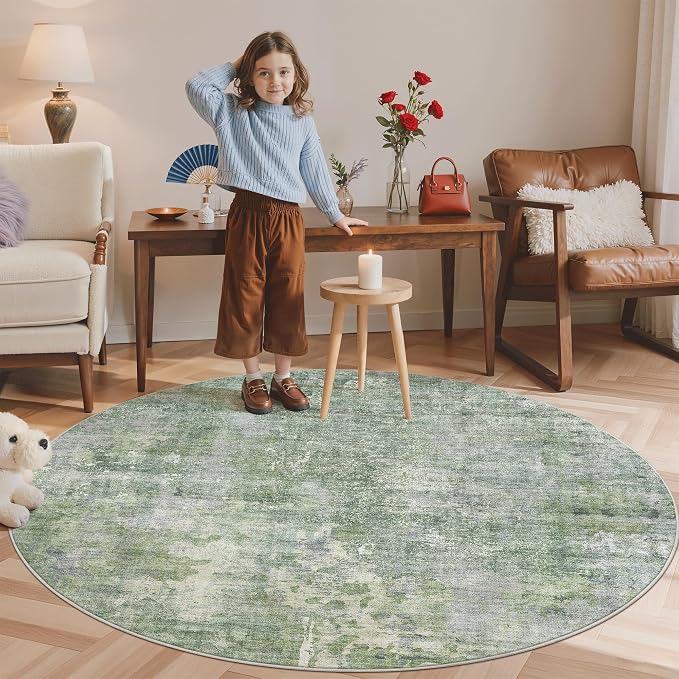 Soalmost 6x6 Green/Ivory Round Rug 6ft Living Room Circle Rug Vintage Round - Image 3