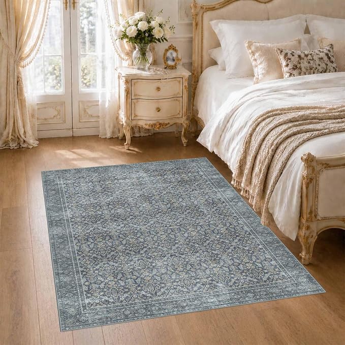 Latte&Fog 3x5 Entryway Rug, Vintage Blue Washable Area Rug, Boho Non Slip Low - Image 2