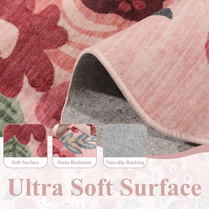 DUKINO 3x8 Washable Runner Rug, Soft Indoor Floral Non Slip Long Runner Rug - Image 6