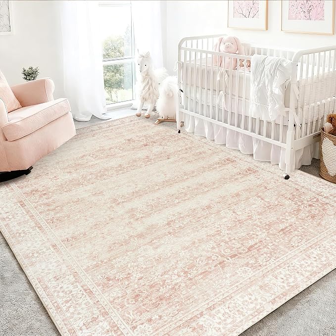 Pink Nursery Rug for Baby Girl 5 x 7 Neutral Blush Pink Boho Cute Floral by BILEEHOME