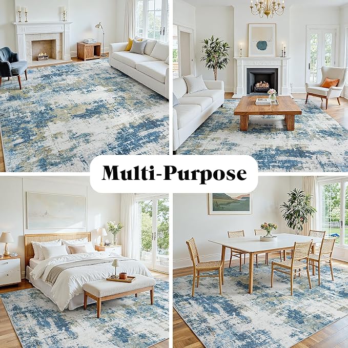 Area Rug 10x14 Living Room Rug Washable: No-Slip Abstract Soft Thin Large Blue - Image 4