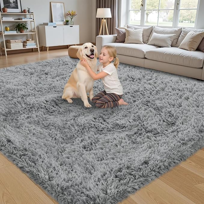 6x9 Area Rug for Living Room:Ultra Soft Fluffy Shag Light Grey Rugs, Large - Image 4